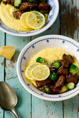 honey balsamic and lemon brussels sprout chicken with goat cheese polenta