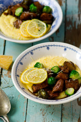 honey balsamic and lemon brussels sprout chicken with goat cheese polenta