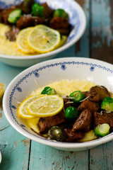 honey balsamic and lemon brussels sprout chicken with goat cheese polenta