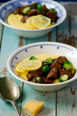 honey balsamic and lemon brussels sprout chicken with goat cheese polenta