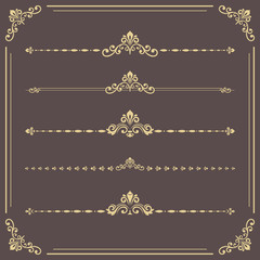 Vintage set of vector decorative elements. Horizontal separators in the frame. Collection of different ornaments. Classic patterns. Set of golden vintage patterns