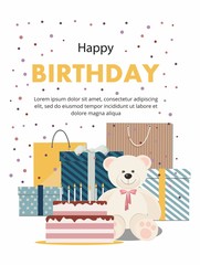 Birthday card with  teddy bear, cake, gifts and confetti Isolated on White Background	
