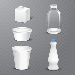 Set of white blank realistic dairy packaging including plastic bottles and carton packets isolated vector illustration