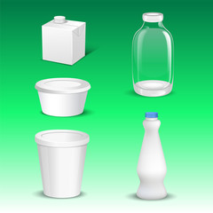 Set of white blank realistic dairy packaging including plastic bottles and carton packets isolated vector illustration