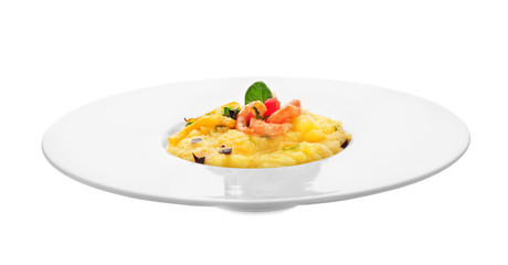 Plate with fresh tasty shrimp and grits on white background