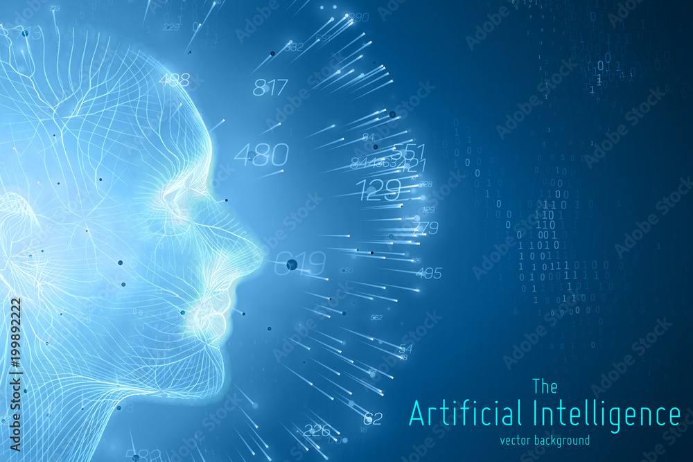 Poster Human Big data visualization. Futuristic Artificial intelligence concept. Cyber mind aesthetic design. Machine learning. Complex data threads in form of head side view and binary data.