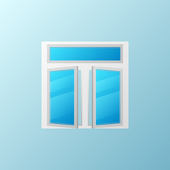 Open plastic window with blue bright glass vector icon