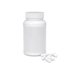 Blank Plastic Packaging Bottle with Cap for Pills Isolated on White Background. Food supplement package for capsules.