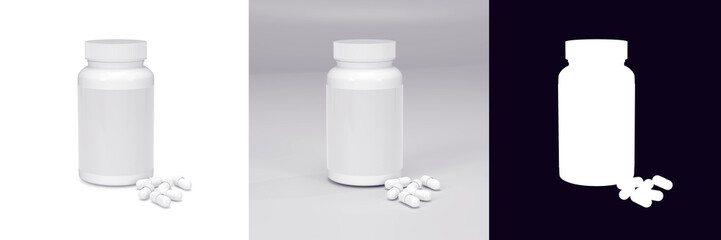 Blank Plastic Packaging Bottle with Cap for Pills Isolated on White Background. Food supplement package for capsules.