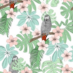 Tropical seamless vector pattern with parrot and flowers.