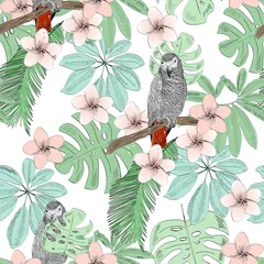Keuken foto achterwand Papegaai Tropische naadloze vector patroon met papegaai en bloemen.