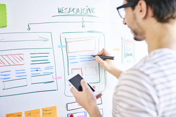 Young web developer drawing website layout on whiteobard