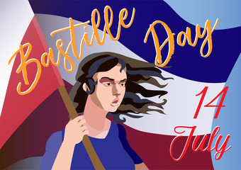 Bastille day poster. Vector hand drawn illustration. Girl with flag. Text and flag on background.