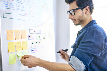 Fototapeta premium Young web designer looking at whiteboard with notes in office
