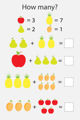 How many counting game with fruit for kids, educational maths task for the development of logical thinking, preschool worksheet activity, count  and write the result, vector illustration