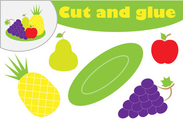 Fruit in cartoon style, education game for the development of preschool children, use scissors and glue to create the applique, cut parts of the image and glue on the paper, vector illustration