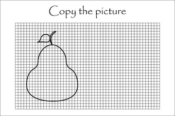 Copy the picture, black white pear, drawing skills training, educational paper game for the development of children, kids preschool activity, printable worksheet, vector illustration