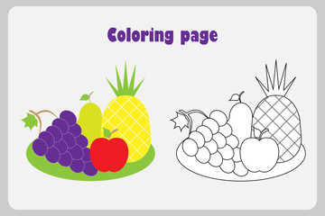 Fruit on the plate in cartoon style, coloring page, education paper game for the development of children, kids preschool activity, printable worksheet, vector illustration