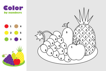 Fruit on the plate in cartoon style, color by number, education paper game for the development of children, coloring page, kids preschool activity, printable worksheet, vector illustration - 199894053