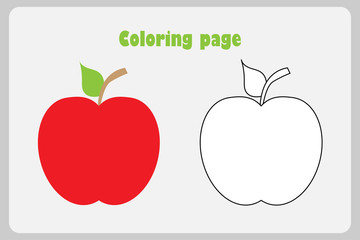 Red apple in cartoon style, coloring page, education paper game for the development of children, kids preschool activity, printable worksheet, vector illustration