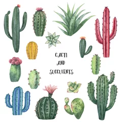Fotobehang Cactus Aquarel vector set cactussen en succulenten geïsoleerd op een witte achtergrond.