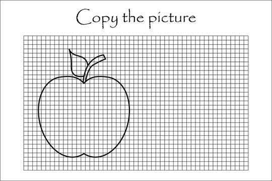 Copy the picture, black white apple, drawing skills training, educational paper game for the development of children, kids preschool activity, printable worksheet, vector illustration