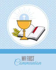 Card my first communion invitation. chalice with bible and dove of peace