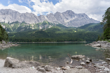 Eibsee with the highest mountain Zugspitze in Germany, Bavarian Alps, Germany