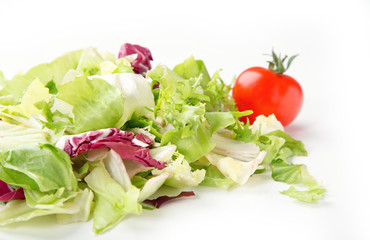 Salad mix of fresh green leaves frieze, radicchio, endive and tomato. Dietary vegetable menu.