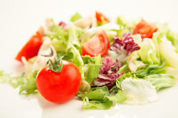 Salad mix of fresh green leaves frieze, radicchio, endive and tomato. Dietary vegetable menu.