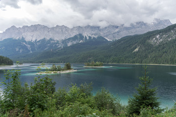 Eibsee with the highest mountain Zugspitze in Germany, Bavarian Alps, Germany