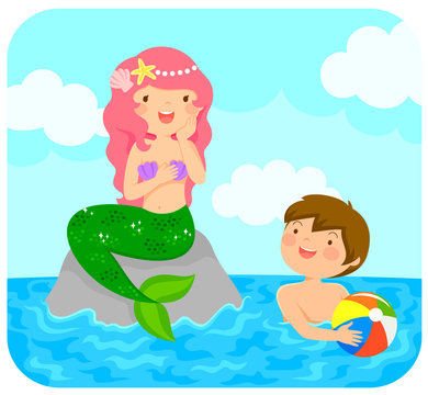 Mermaid sitting on a rock in the sea smiling to a boy with a beach ball.