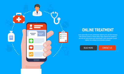 Flat line design website banner of online medical services for web design, marketing and print material.