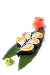 Rolls of unusual shape in the form of a drop. Sushi roll turned on a white background. Sushi Japanese food in a restaurant. Japanese restaurant menu. Isolated on white background.
