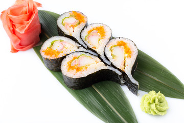 Rolls of unusual shape in the form of a drop. Sushi roll turned on a white background. Sushi...