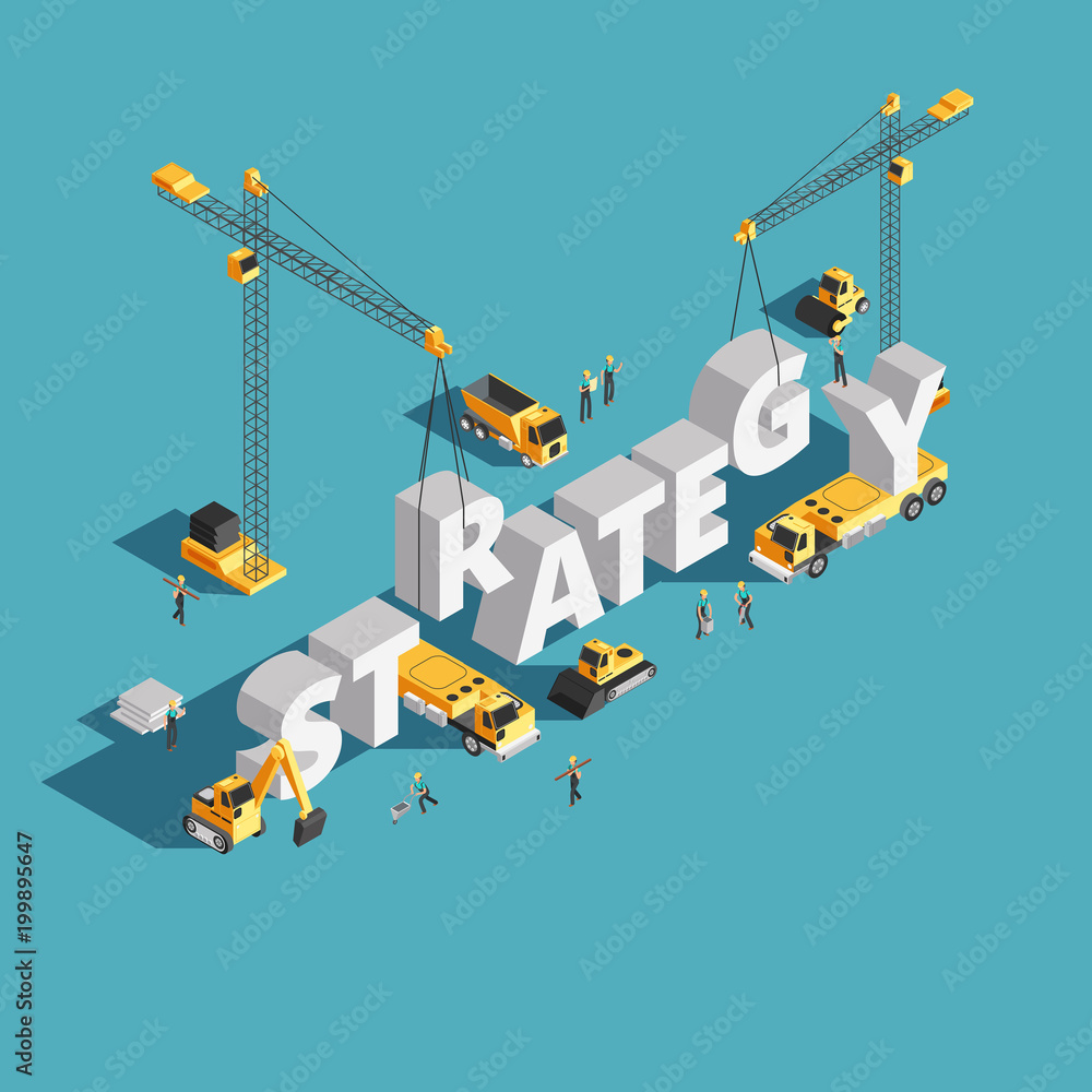 Poster website marketing strategy creation 3d isometric vector concept with workers and crane