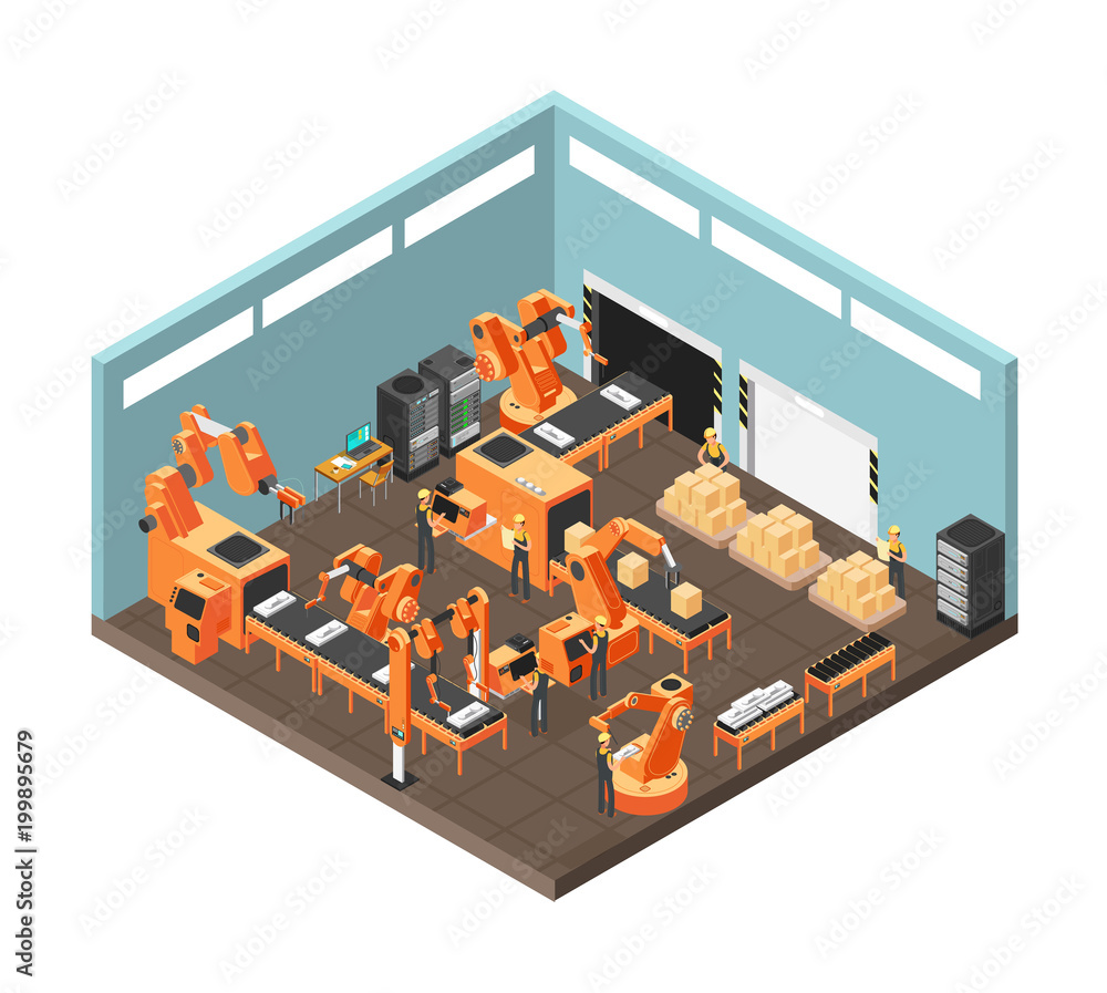 Poster isometric factory workshop with conveyor line, workers, electronics and controling computre servers.