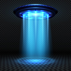 Aliens futuristic spaceship, ufo with blue lights. Invasion vector concept © MicroOne