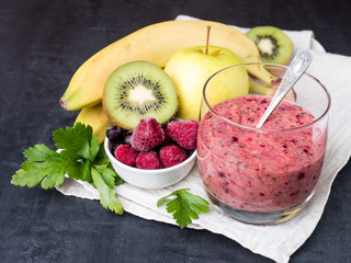 Berry dessert smoothie banana Kiwi Apple Parsley Raspberry Nuts for Breakfast
