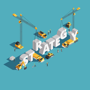 Website marketing strategy creation 3d isometric vector concept with workers and crane