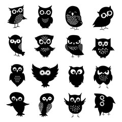Black and white owl silhouettes set