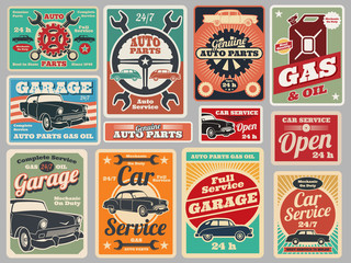 Vintage road vehicle repair service, gas station, car garage vector signs © MicroOne