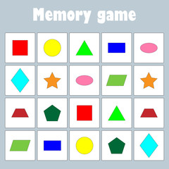 Memory game with pictures (geometric shapes) for children, fun education game for kids, preschool  activity, task for the development of logical thinking, vector illustration - 199895885