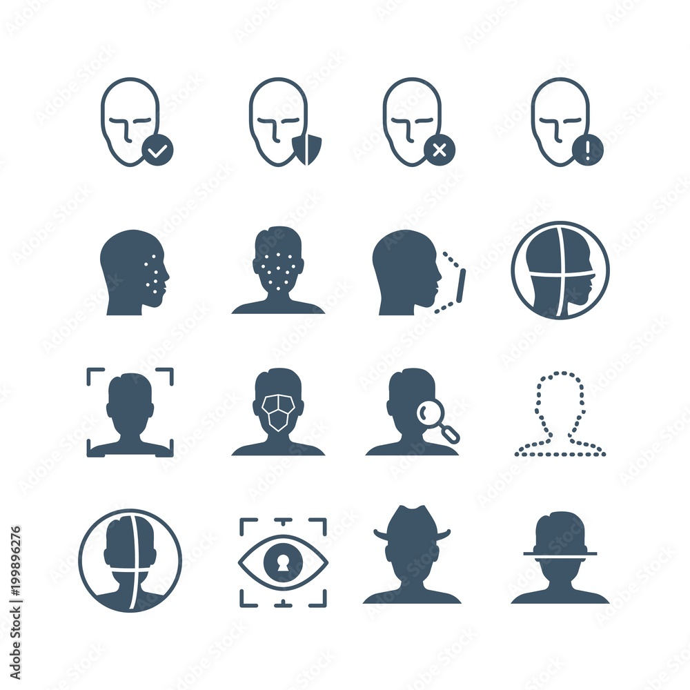 Poster face recognition safety software line icons. faces and iris biometrics detection, facial laser scann