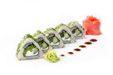 Roll with pieces of cucumber and Philadelphia cheese. Isolated. Sushi roll turned on a white background. Sushi Japanese food in a restaurant. Japanese restaurant menu.