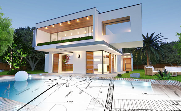 Plan d'une maison moderne d'architecte avec piscine