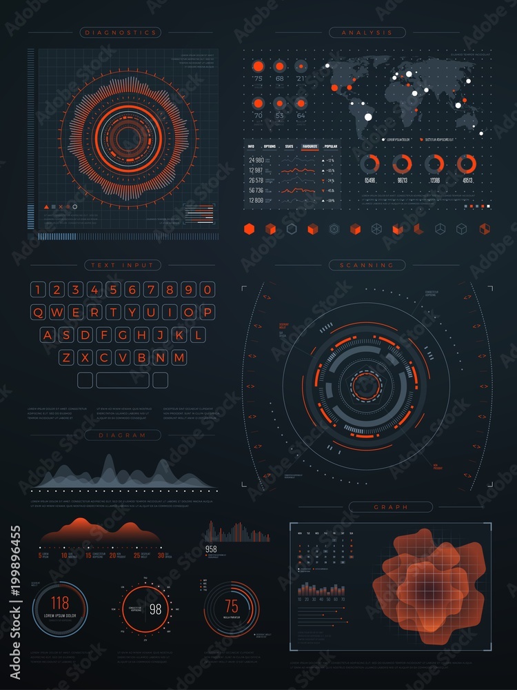 Poster digital futuristic hud virtual interface. vector technology screen with data graphs
