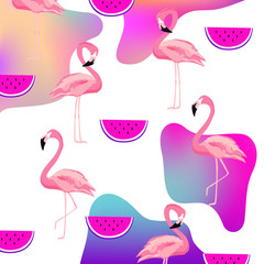 Trendy fluid flamingo and watermelon seamless pattern background. Summer tropical poster design. Wallpaper, fabric, textile, wrapping paper vector illustration design