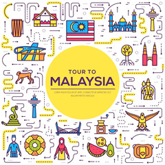Country Malaysia travel vacation of place and feature. Set of architecture, fashion, people, item, monument background concept. Infographic traditional ethnic flat, outline, thin line icon