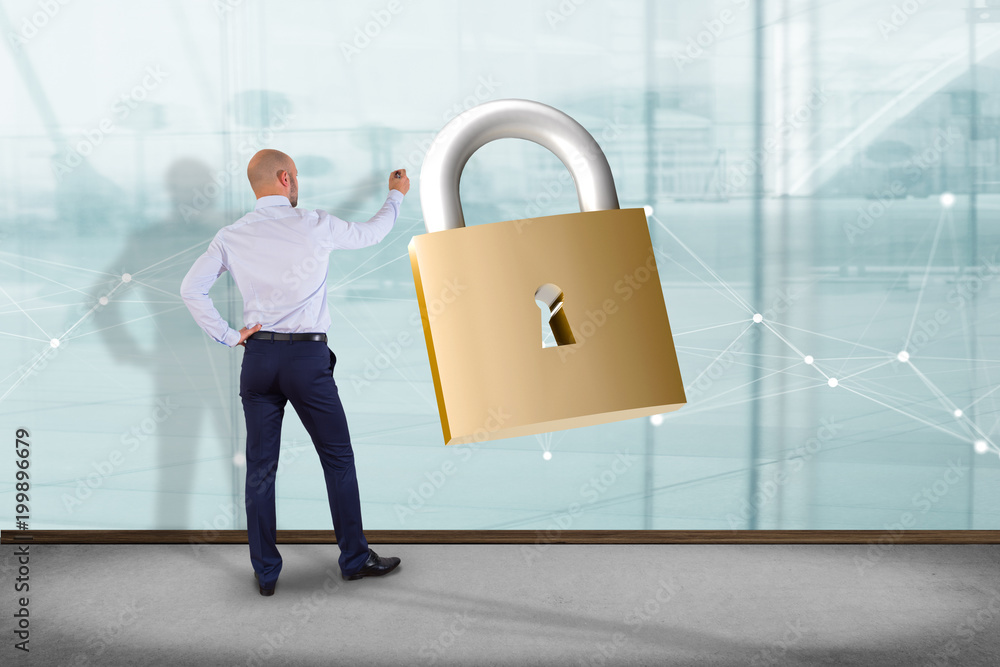 Poster padlock security connection isolated on a color background - 3d rendering